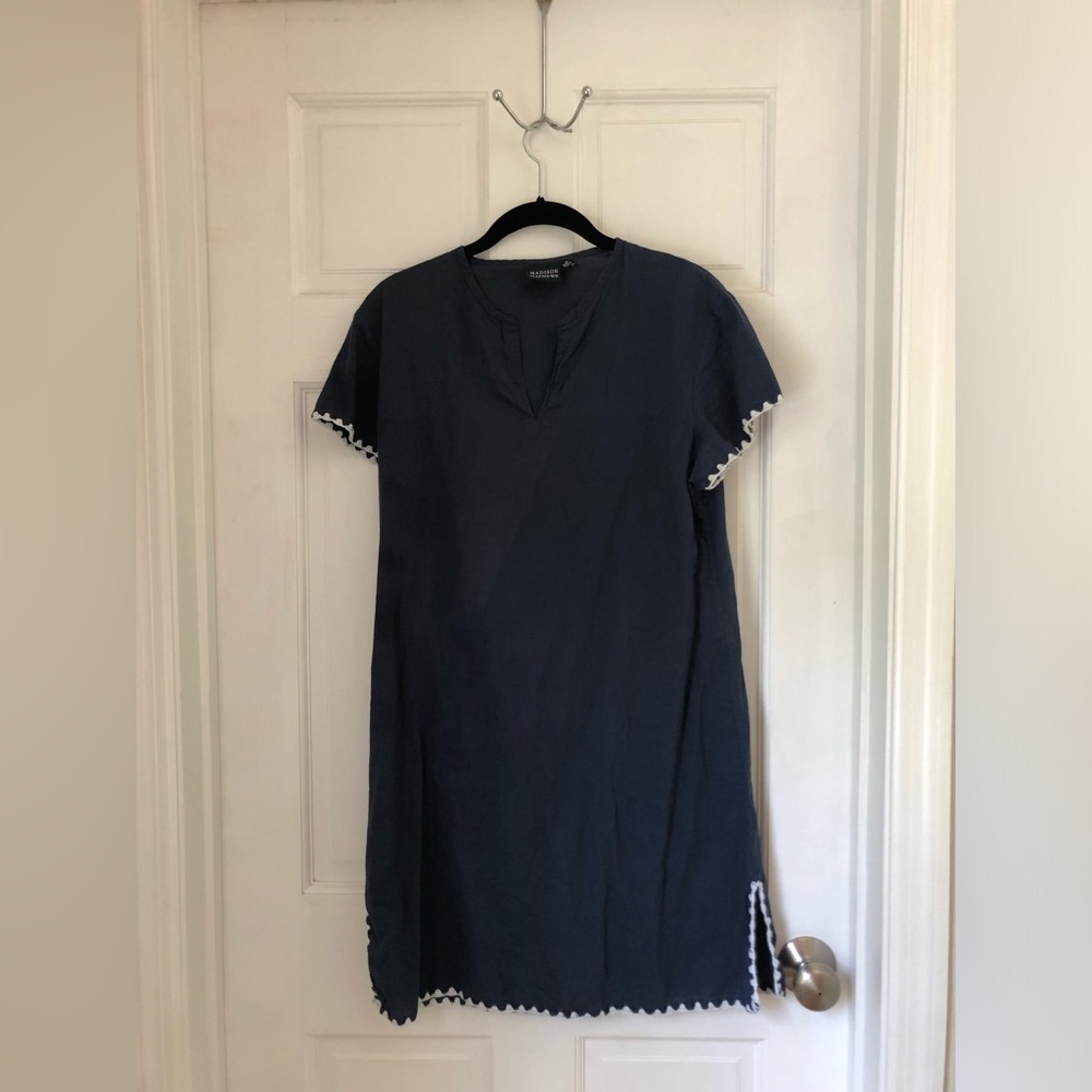 Madison Mathews Navy Cotton Mini T-Shirt Dress Whipstitch Embroidered Trim M